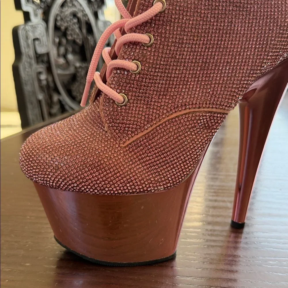 New Glitter Pink Crystal Platform lace Boots - Picture 2 of 6
